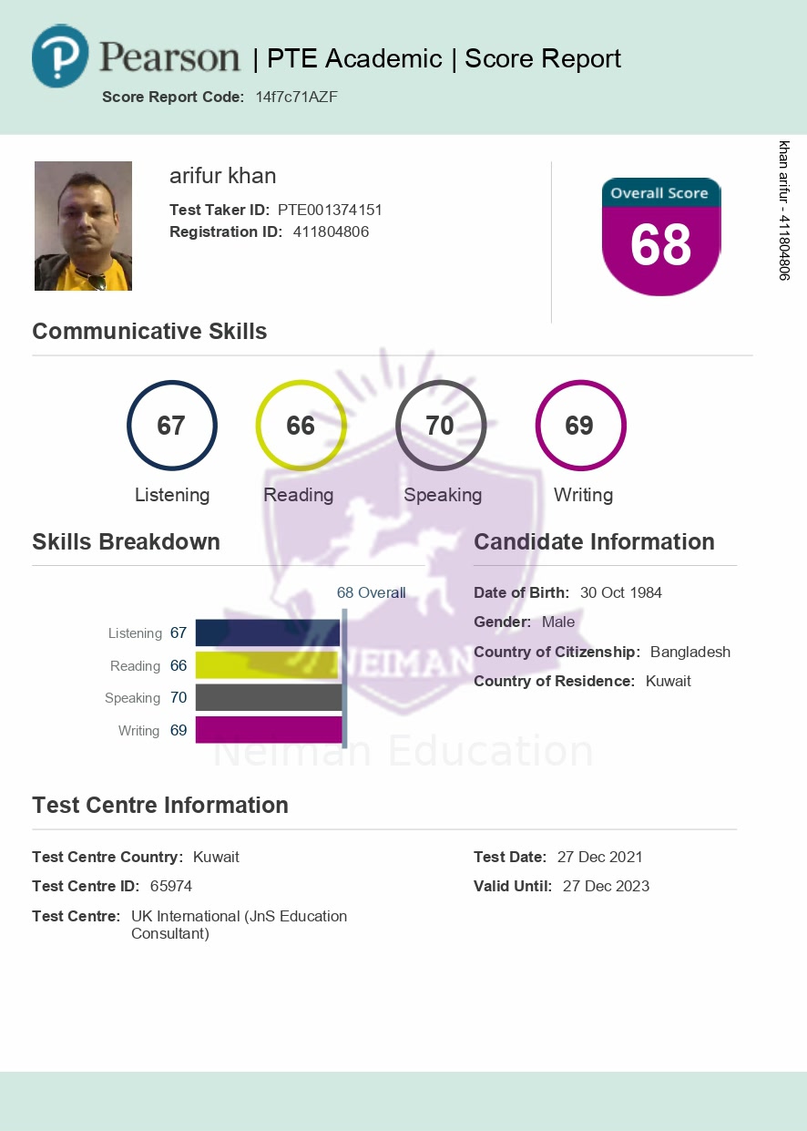 Arifur Khan — PTE 65+ score report