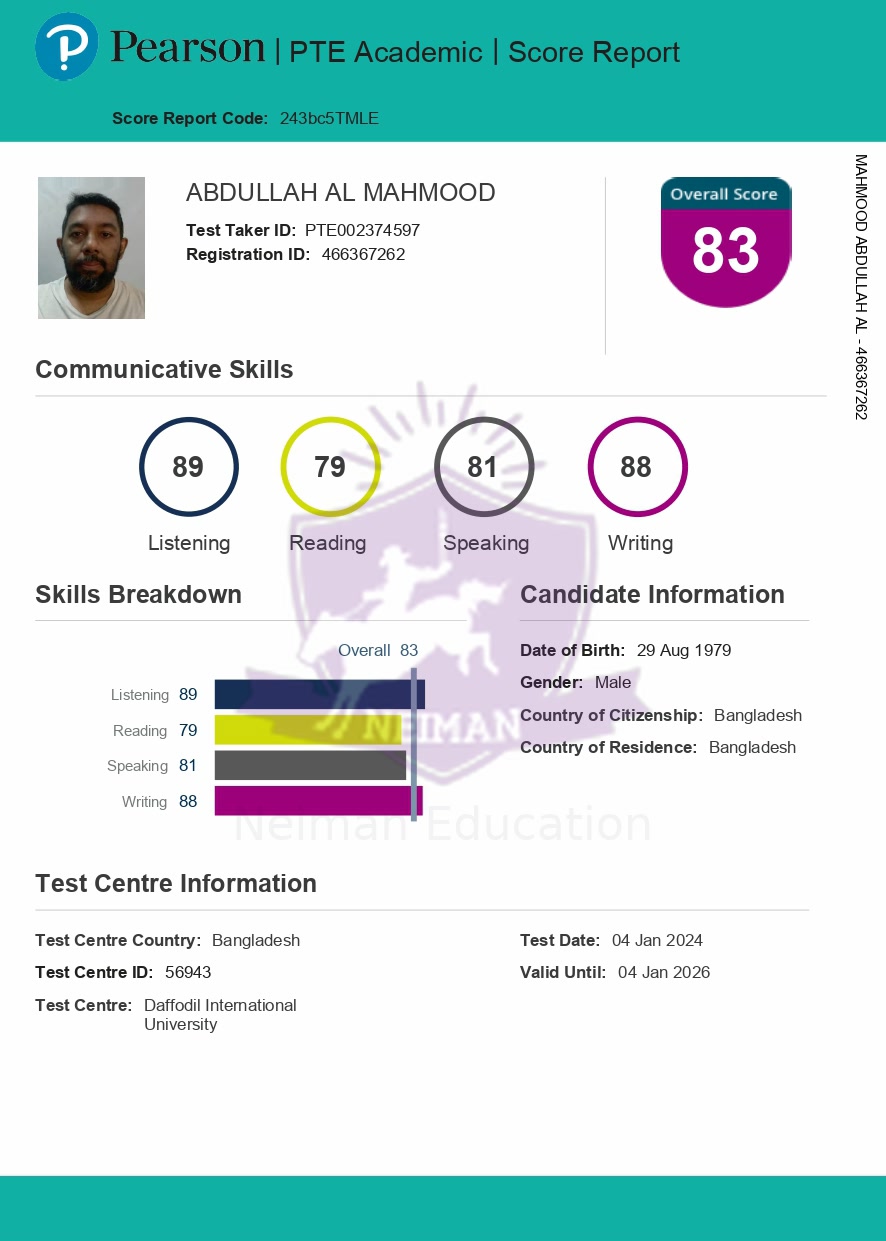 Abdullah Al Mahmood — PTE 79+ score report