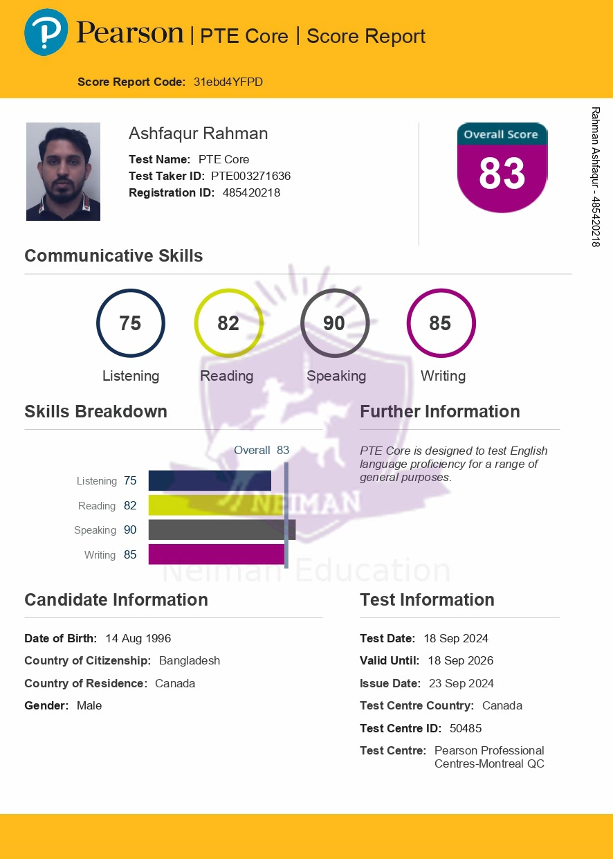 Ashfaqur Rahman — PTE 79+ score report