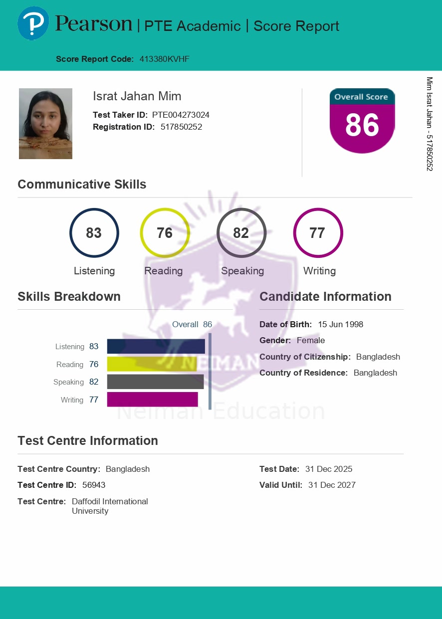 Israt Jahan Mim — PTE 79+ score report