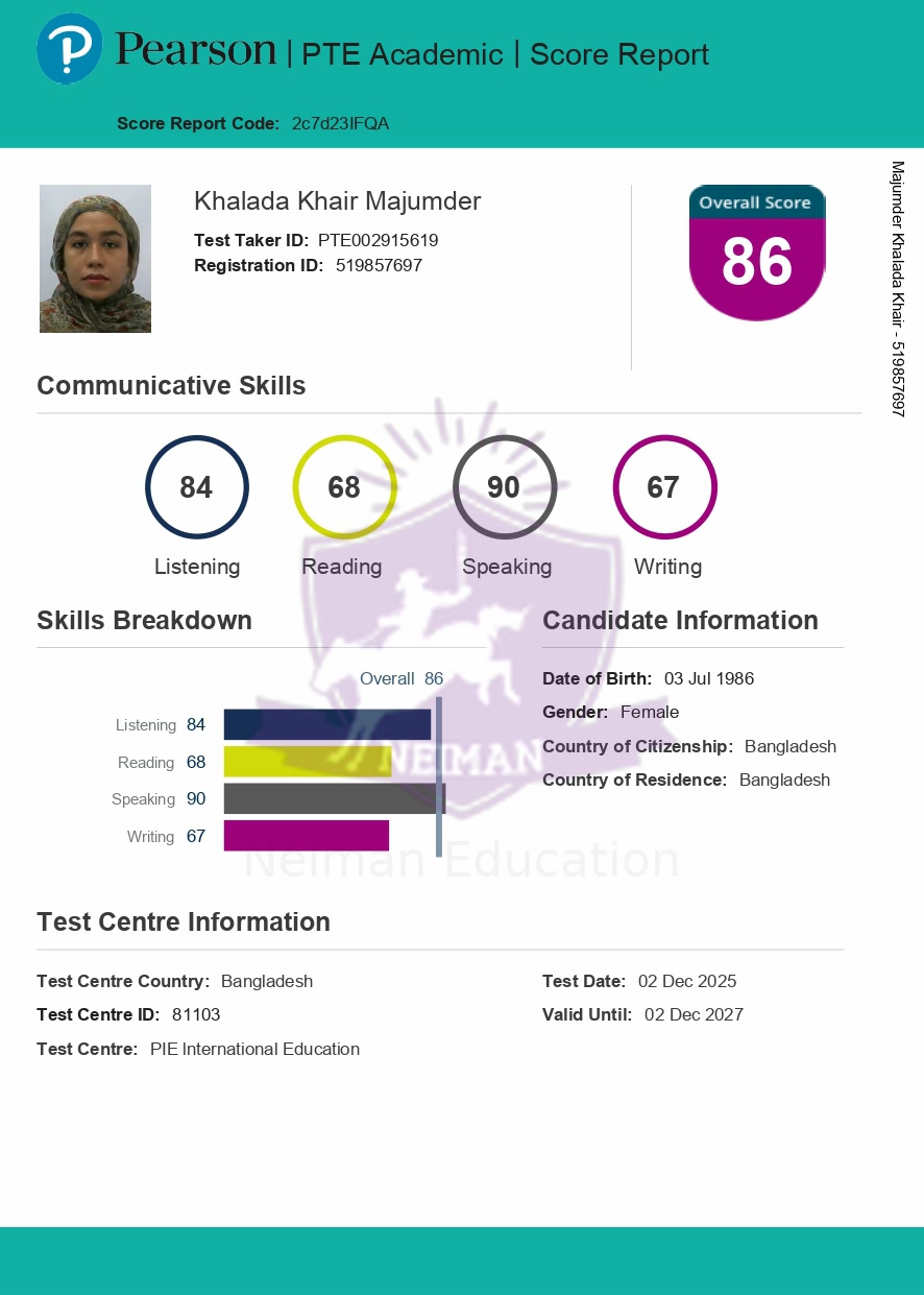 Khalada Khair Majumder — PTE 79+ score report