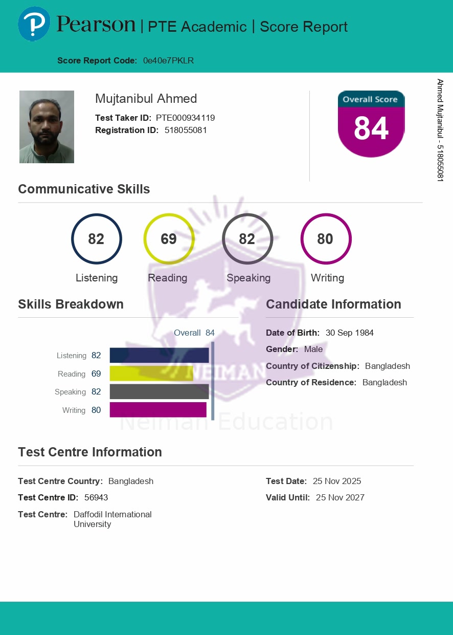 Mujtanibul Ahmed — PTE 79+ score report
