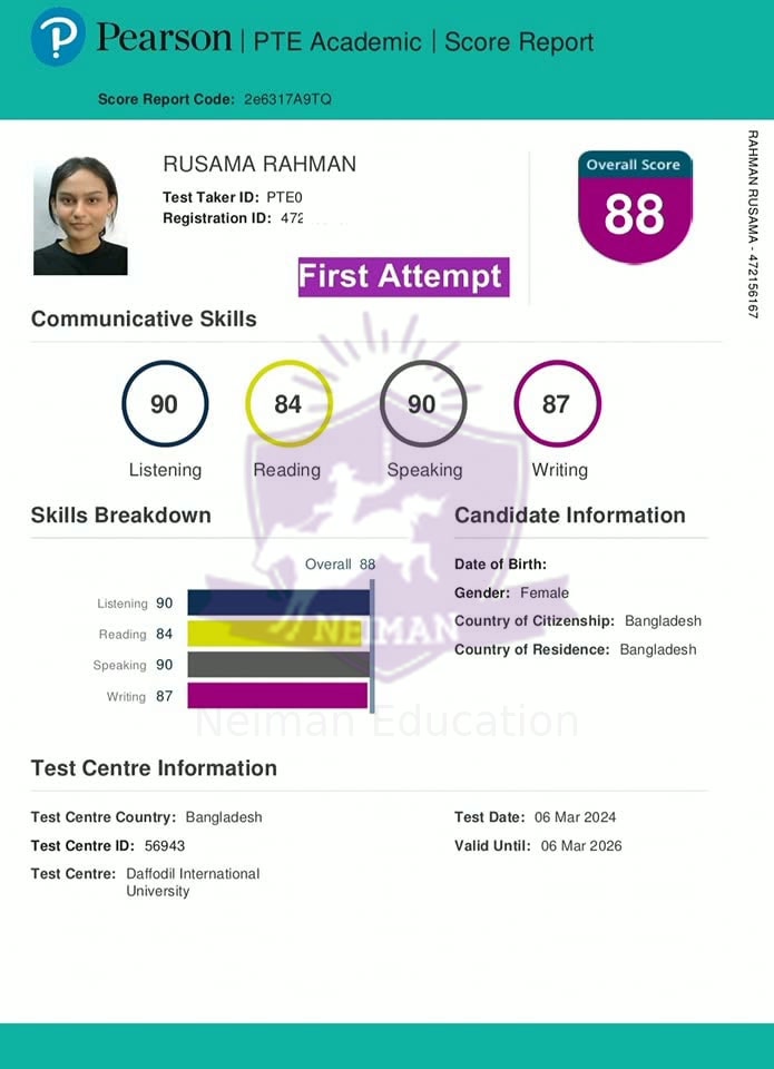Rusama Rahman — PTE 88 score report