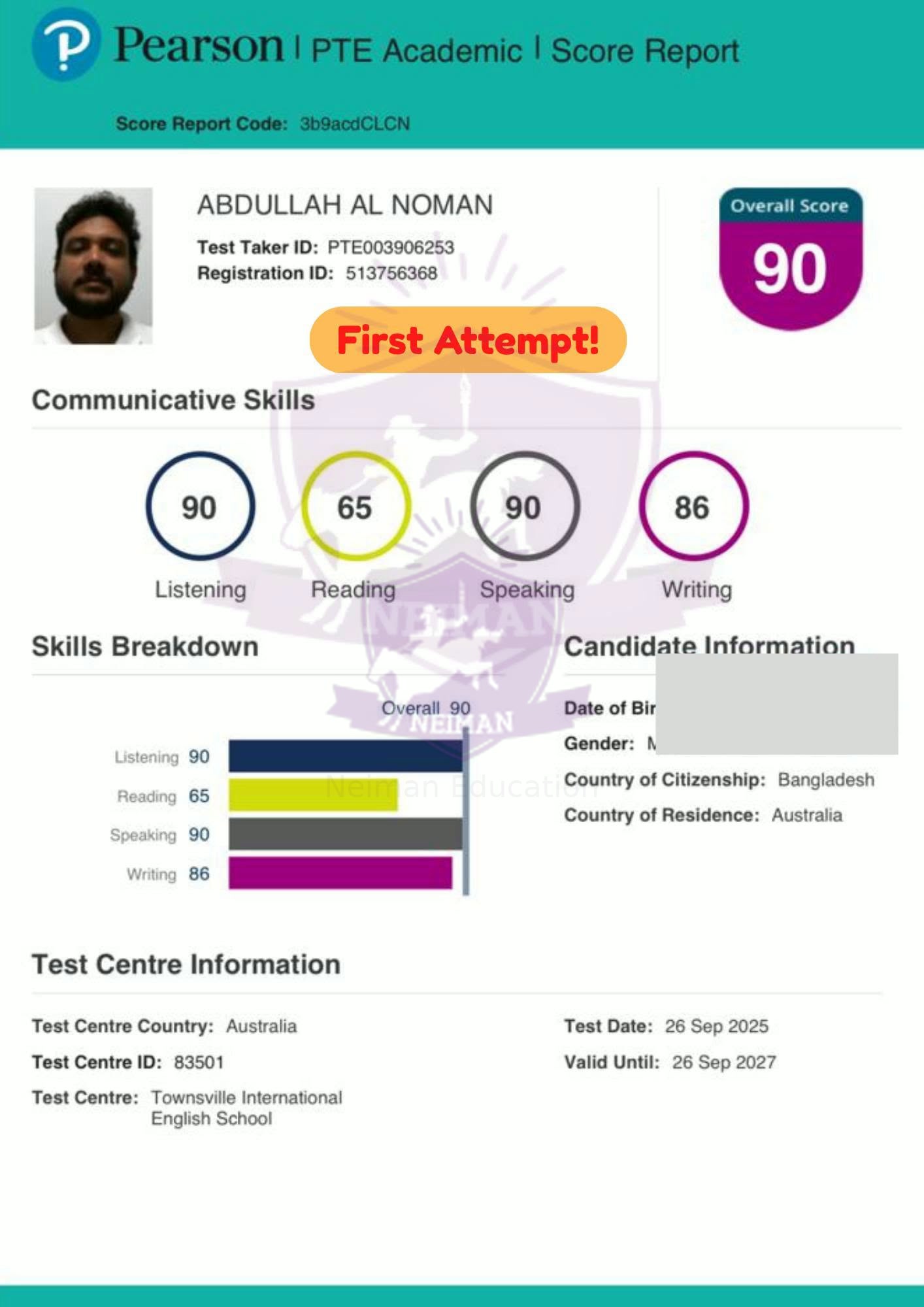Abdullah Al Noman — PTE 90 score report