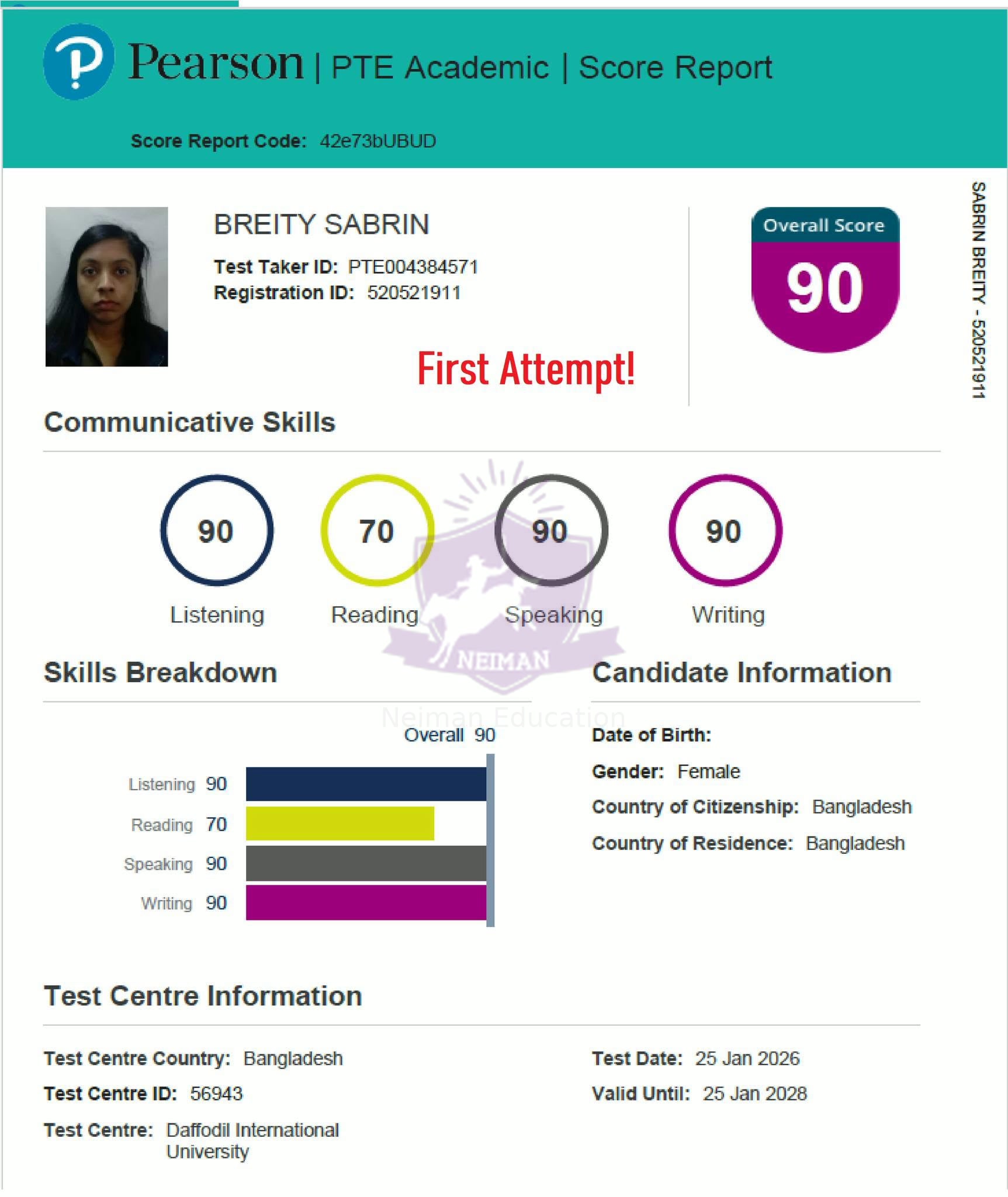 Breity Sabrin — PTE 90 score report