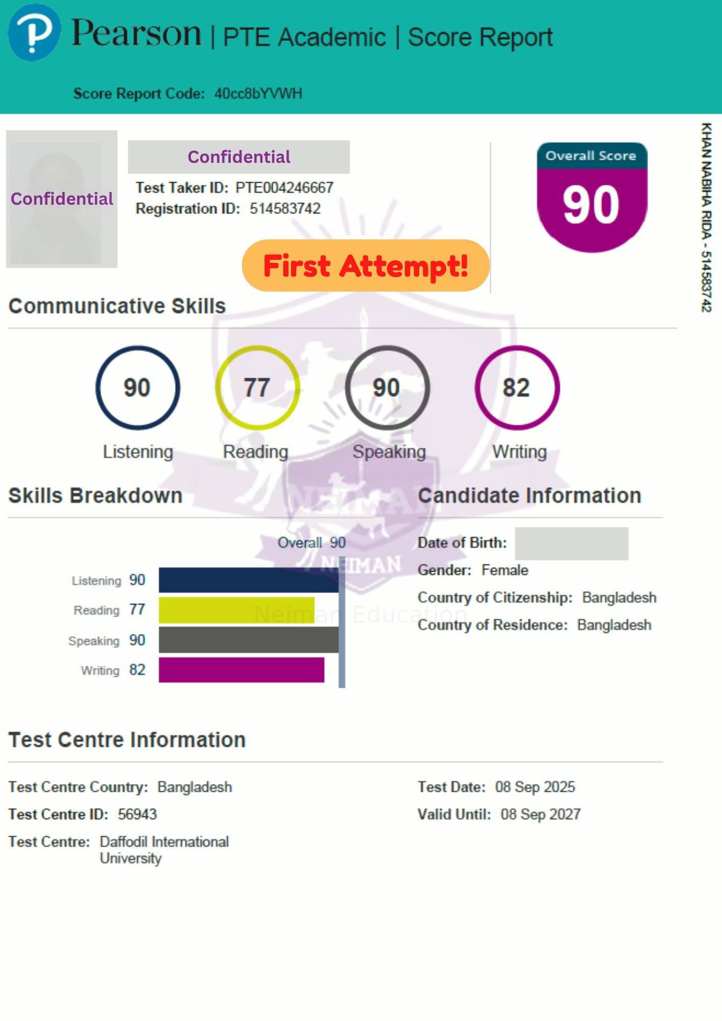 Confidential — PTE 90 score report