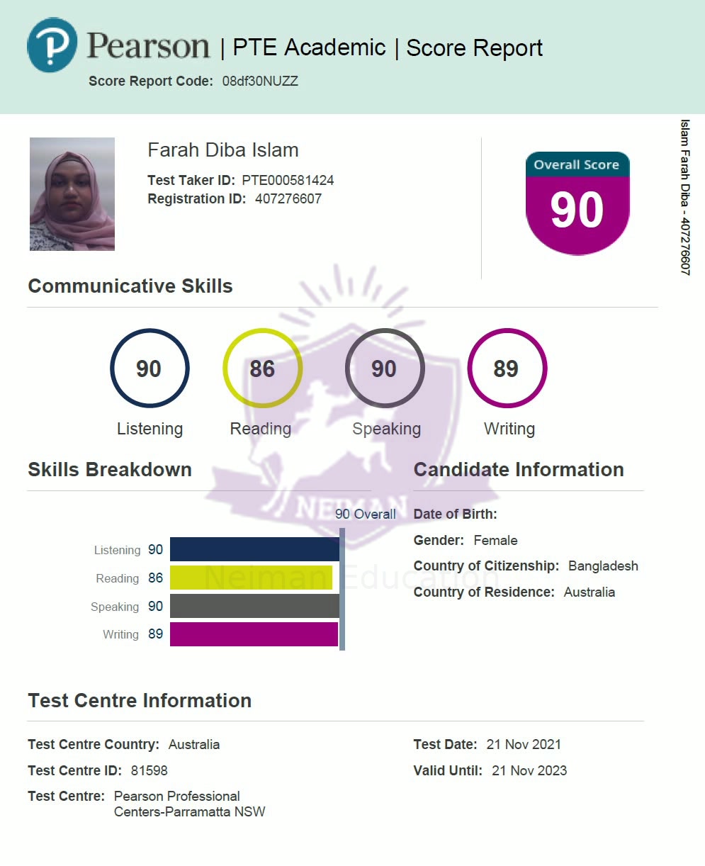 Farah Diba Islam — PTE 90 score report