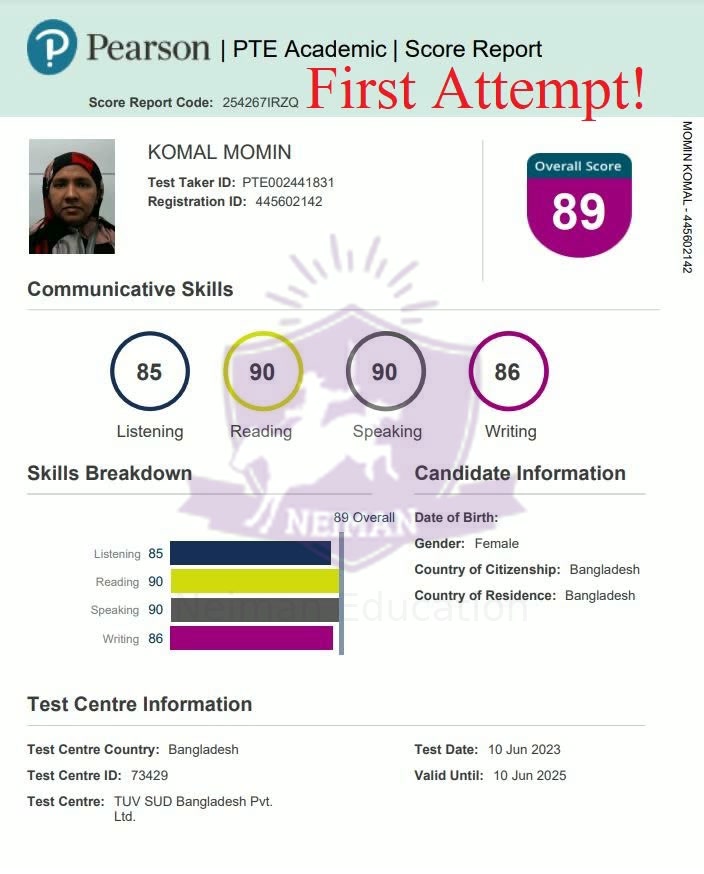 Komal Momin — PTE 89 score report