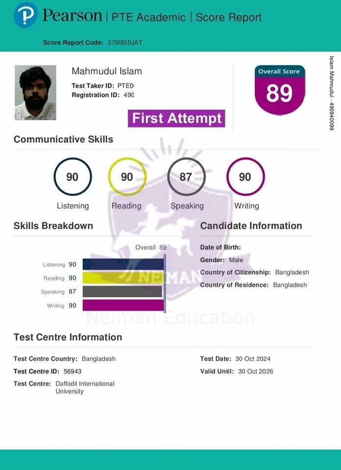 Mahmudul Islam — PTE 89 score report