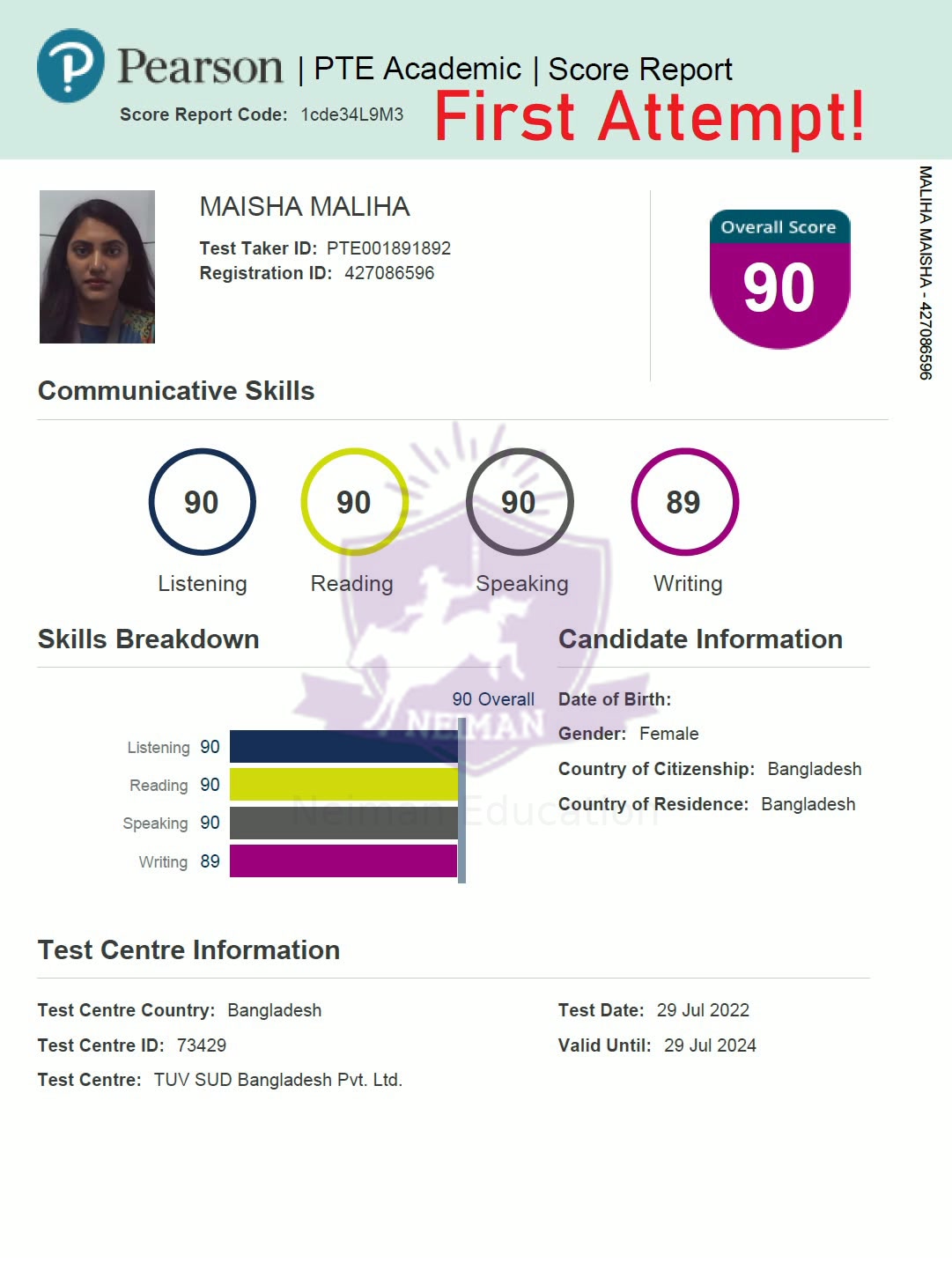 Maisha Maliha — PTE 90 score report