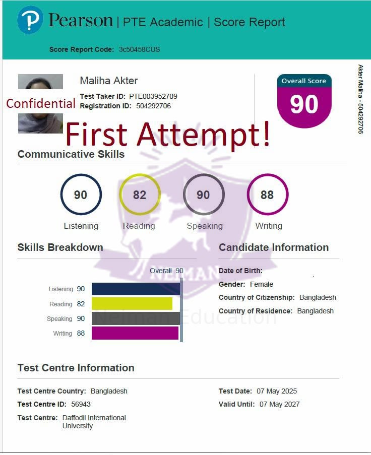 Maliha Akter — PTE 90 score report
