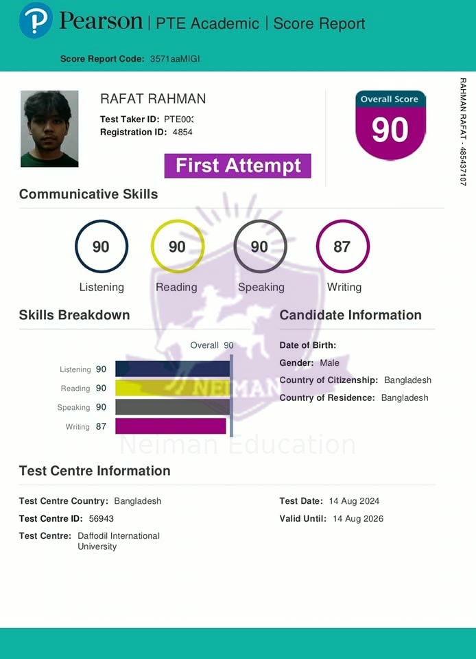 Rafat Rahman — PTE 90 score report