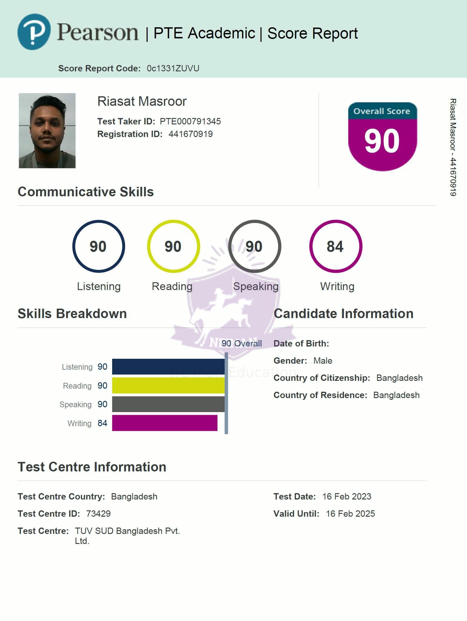 Riasat Masroor — PTE 90 score report