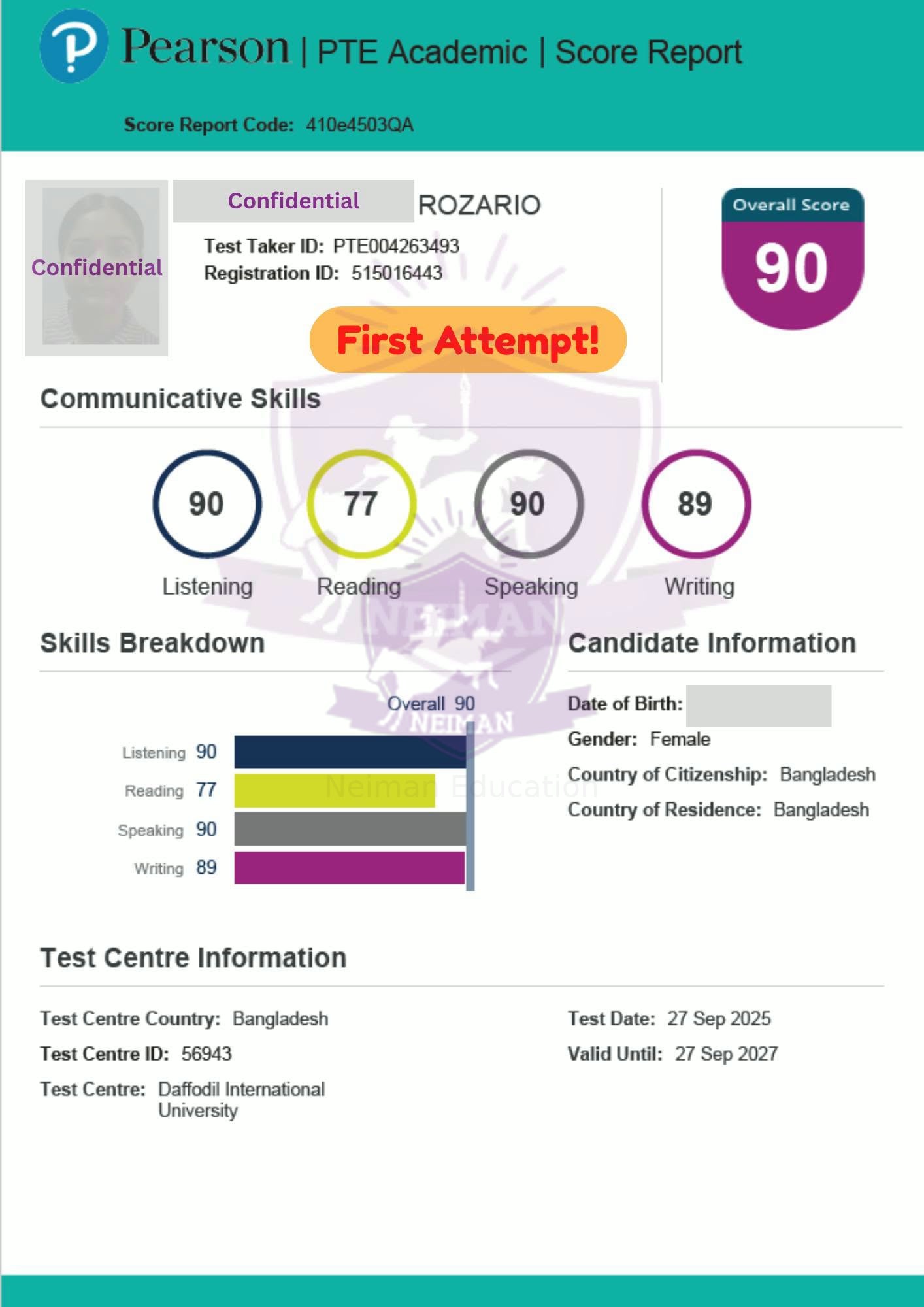 Rozario — PTE 90 score report