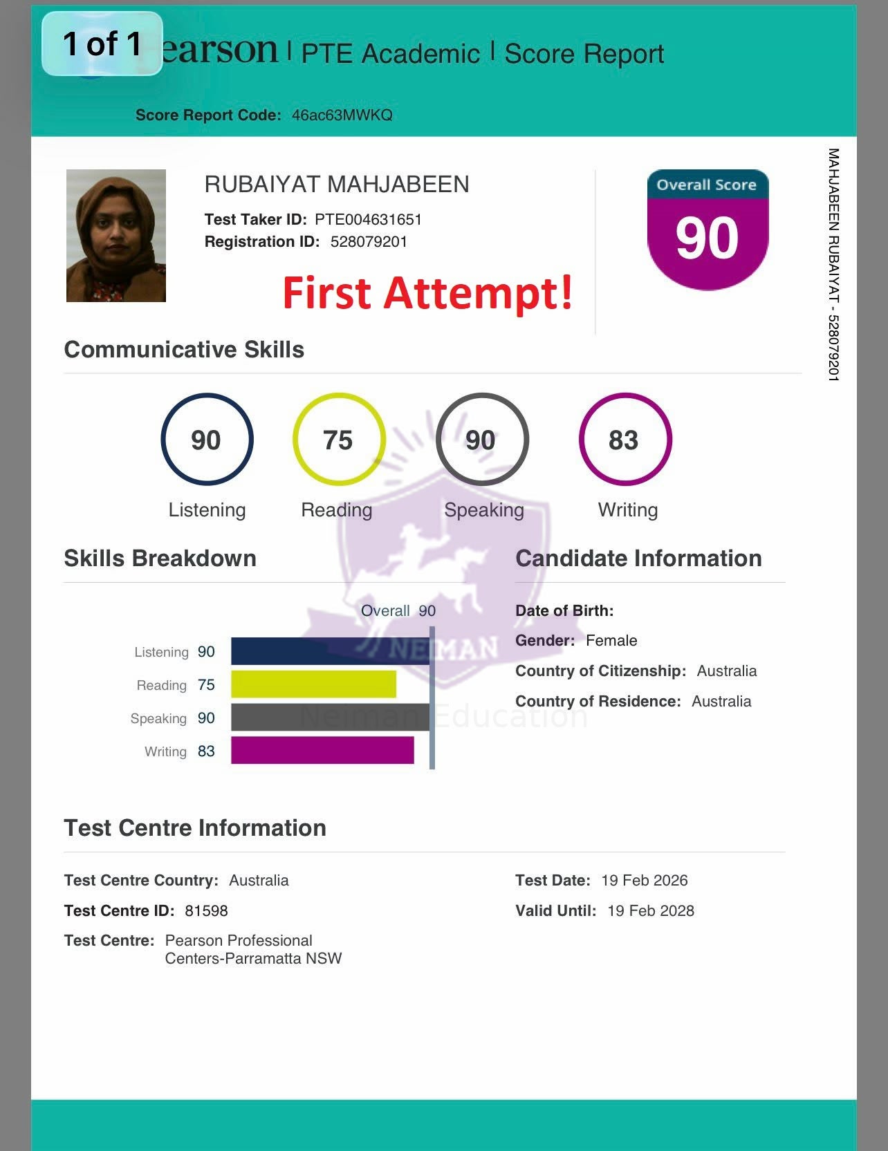 Rubaiyat Mahjabeen — PTE 90 score report