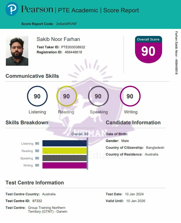 Sakib — PTE 90 score report
