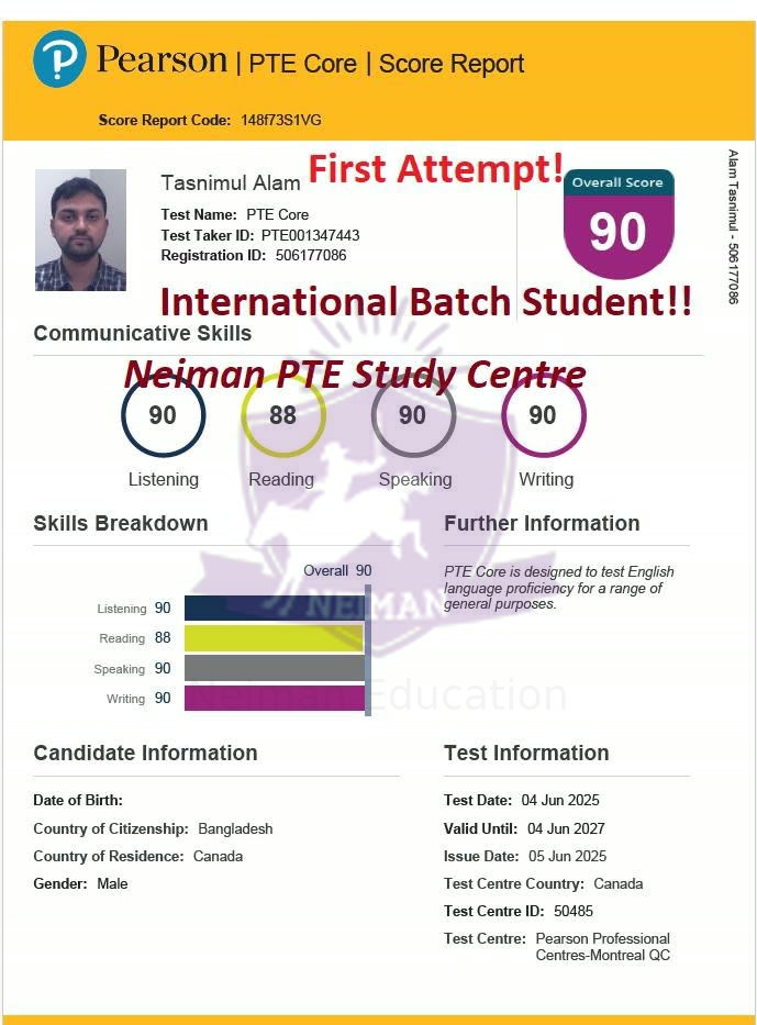 Tasnimul Alam — PTE 90 score report